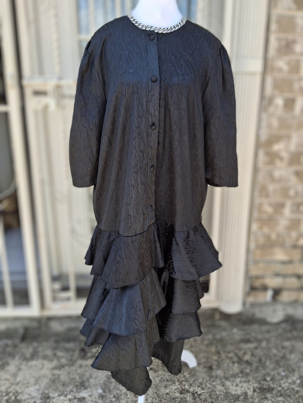 Vintage 1980s Christie Black Relaxed Buttoned Tiered Ruffle Maxi Dress Size 18 - Picture 4 of 15
